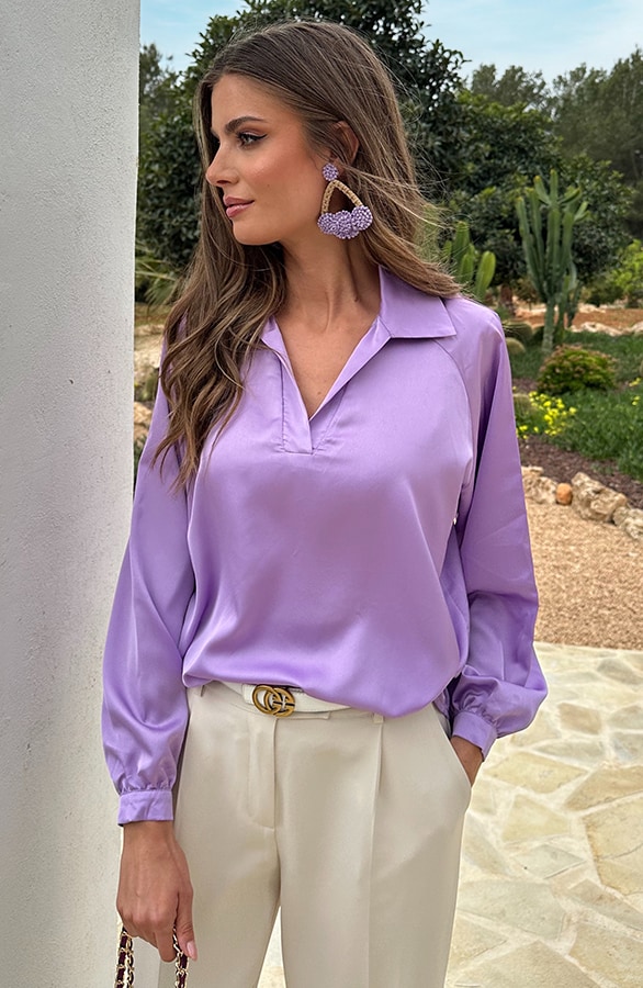 Silk V-hals Blouse Rome Lila – blouses, foto 4