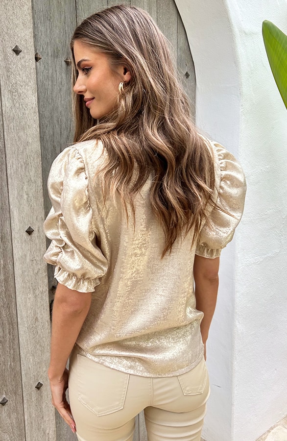 Top mit V-Ausschnitt und Puffärmel Metallic Gold, Tops, Foto 5