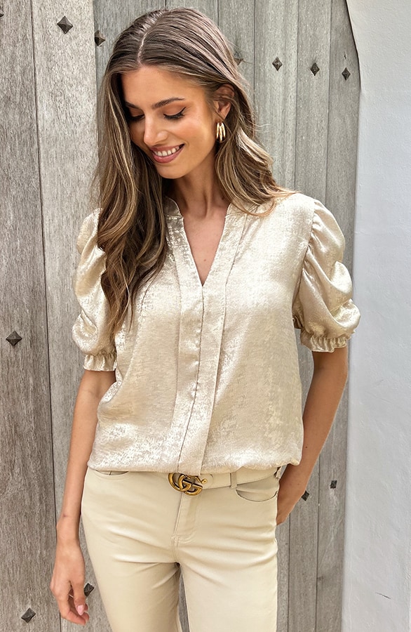 Top mit V-Ausschnitt und Puffärmel Metallic Gold, Tops