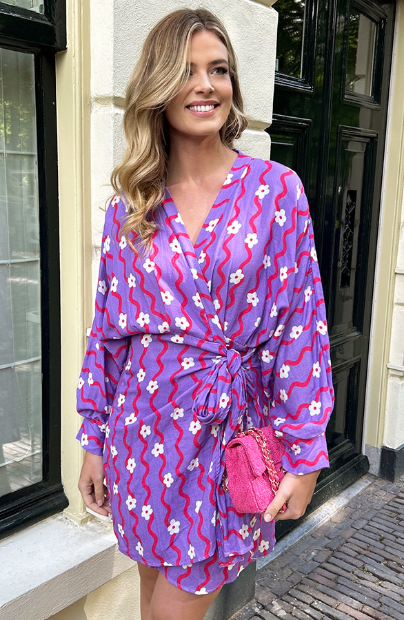 Cotton Wrap Jurk Flower Print Paars – jurken, foto 6