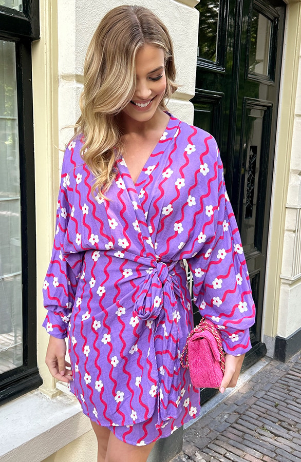 Cotton Wrap Jurk Flower Print Paars – jurken, foto 7