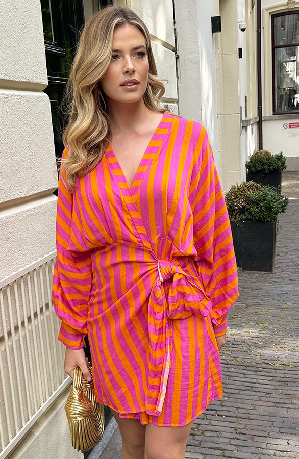 Cotton Wrap Jurk Stripe Oranje – jurken, foto 8
