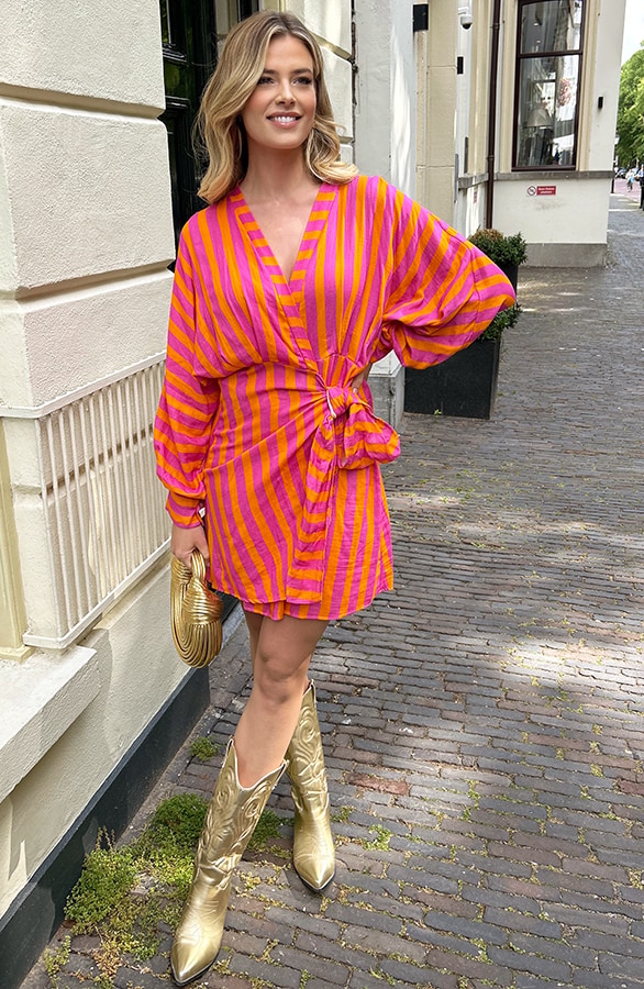 Cotton Wrap Jurk Stripe Oranje – jurken, foto 7