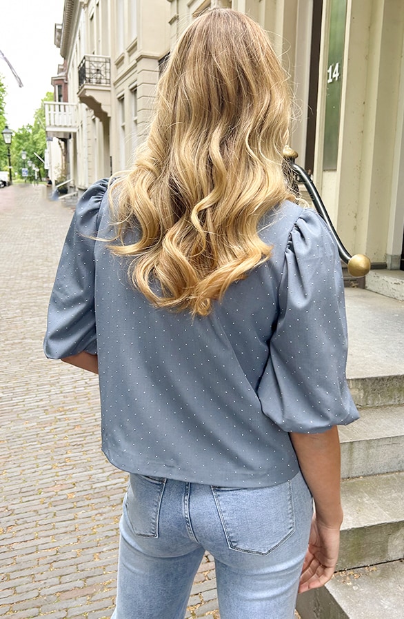 Cropped Puffärmel Strass Blazer Jeansblau, Mäntel, Foto 4