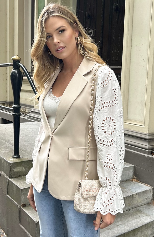 Embroidery Blazer Lange Mouwen Beige – blazers, foto 8