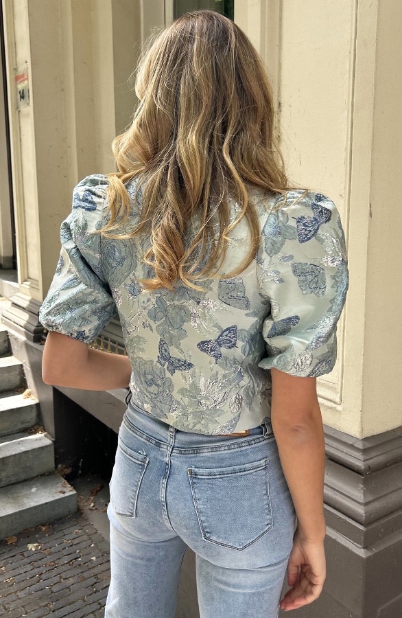 Jacquard Roses Pofmouw Top Baby Blue – shoparchief, foto 4
