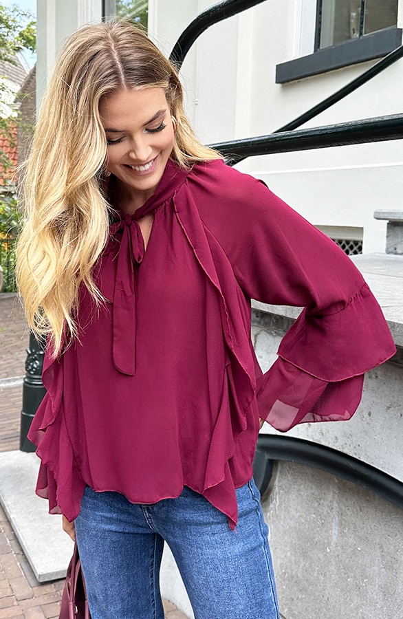 Ruffle Chiffon Strik Blouse Burgundy – blouses, foto 3