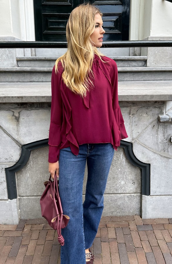 Ruffle Chiffon Strik Blouse Burgundy – blouses, foto 9