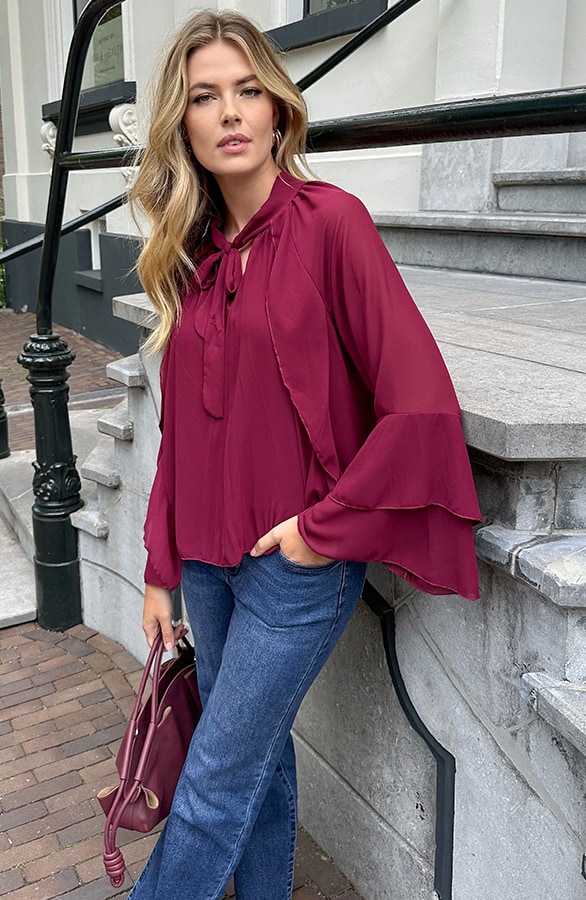 Ruffle Chiffon Strik Blouse Burgundy – blouses, foto 7
