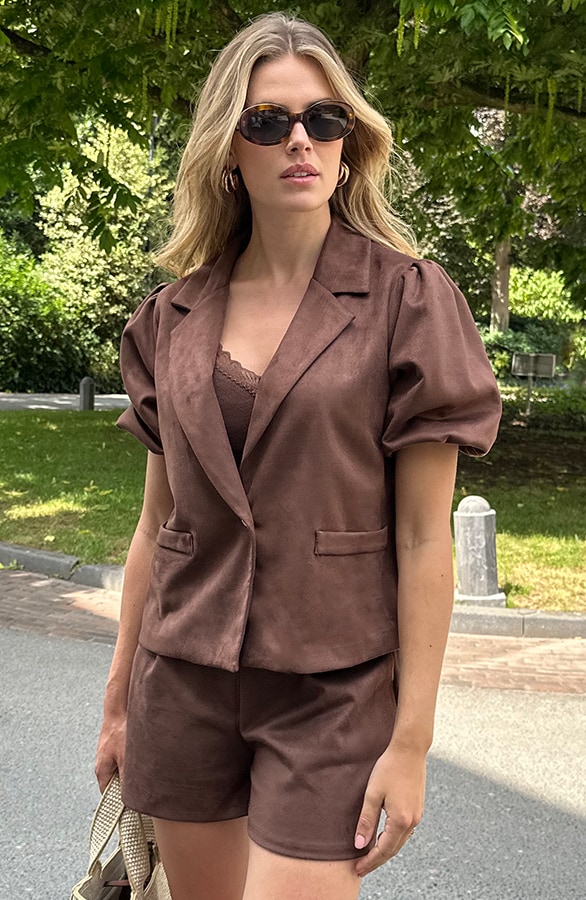 Suede Puff Sleeve Blazer Choco – blazers