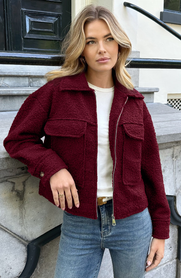 Boucle Jacket Met Rits Burgundy – jassen