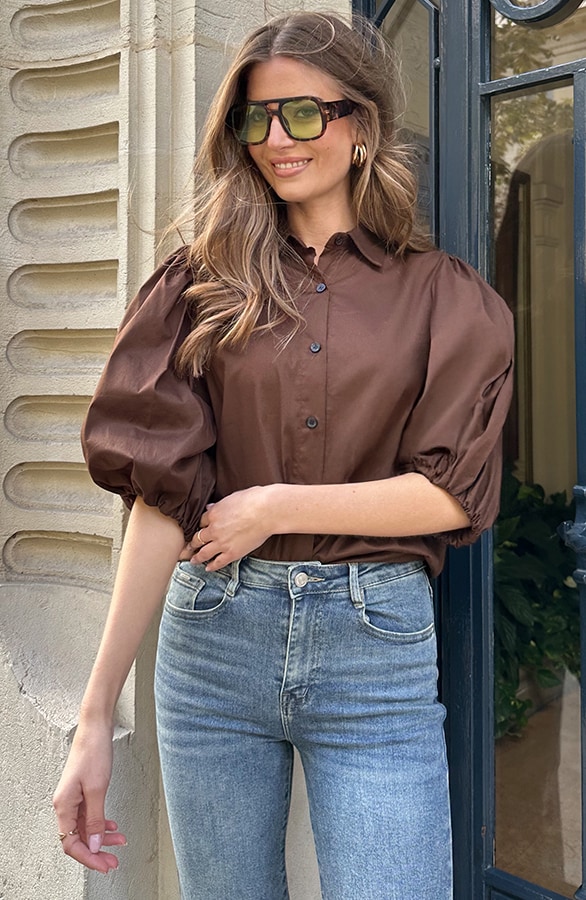 Classic Pofmouwen Blouse Katoen Choco – shoparchief