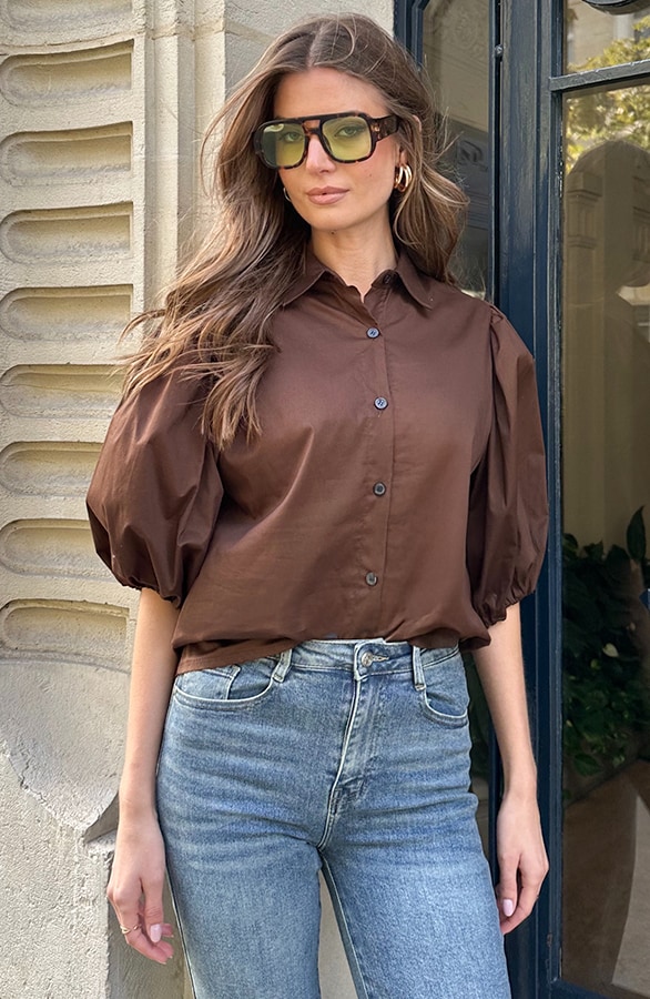 Classic Pofmouwen Blouse Katoen Choco – shoparchief, foto 6