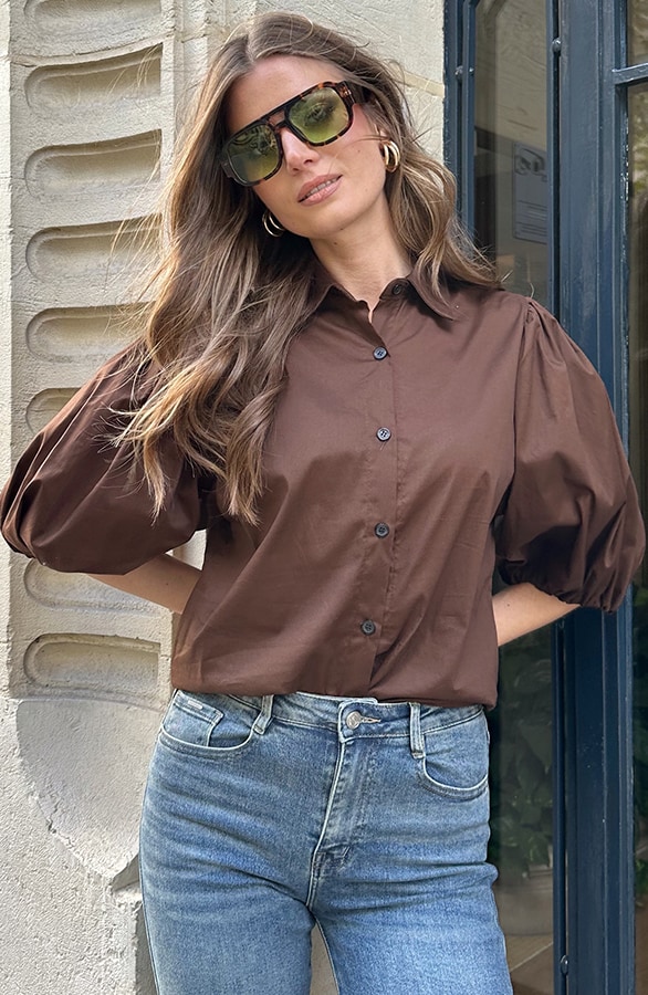 Classic Pofmouwen Blouse Katoen Choco – shoparchief, foto 8