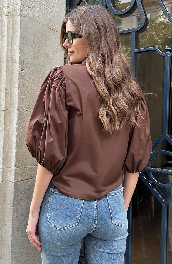 Classic Pofmouwen Blouse Katoen Choco – shoparchief, foto 4