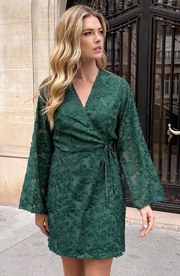 Fringe Wrap Jurk Wijde Mouw Smaragd – jurken