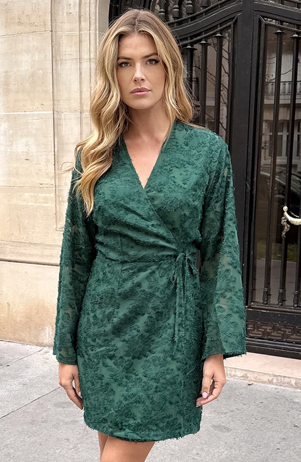 Fringe Wrap Jurk Wijde Mouw Smaragd – jurken, foto 6