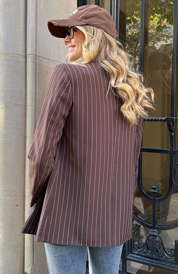 Oversized Striped Print Blazer Choco – jassen, foto 5