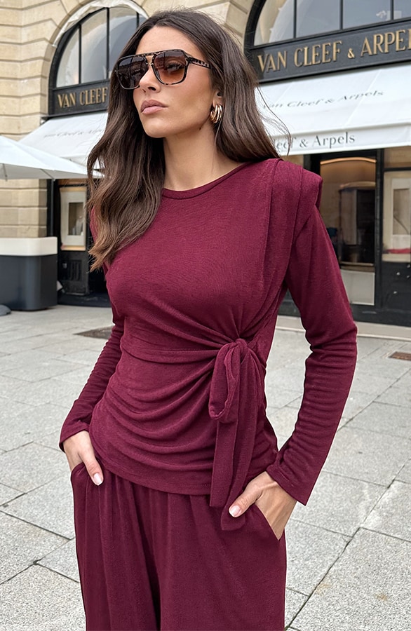 Schoudervulling Long Sleeve Stretch Top Burgundy – tops