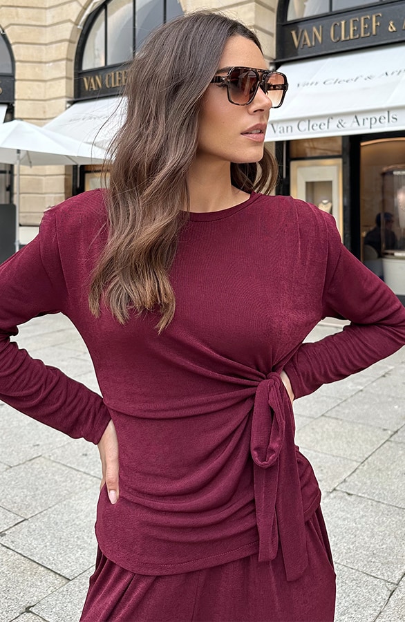 Schoudervulling Long Sleeve Stretch Top Burgundy – tops, foto 3