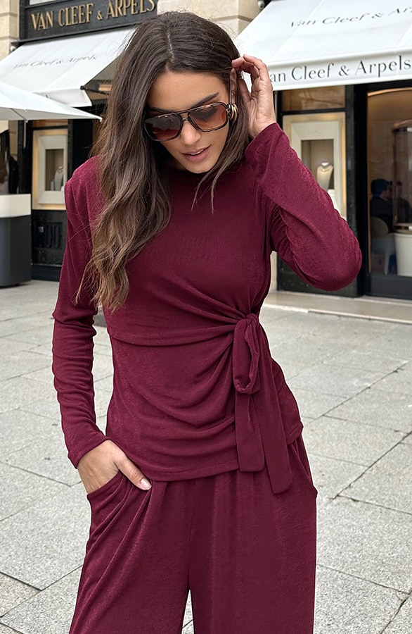 Schoudervulling Long Sleeve Stretch Top Burgundy – tops, foto 8