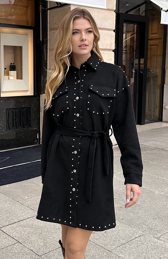 Studs Suede Button Kleid Schwarz, Kleider, Foto 4
