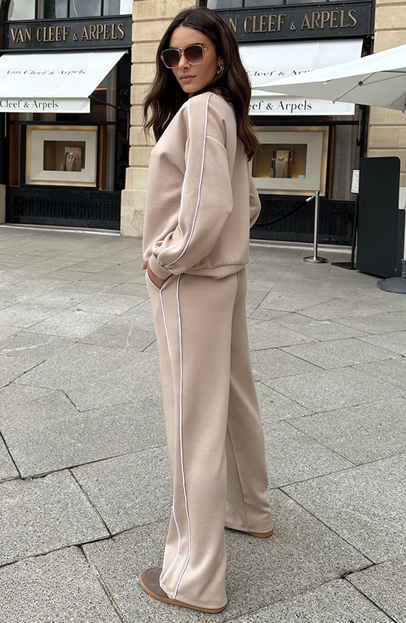 Wide Leg Pantalon Met Bies Beige – broeken, foto 3