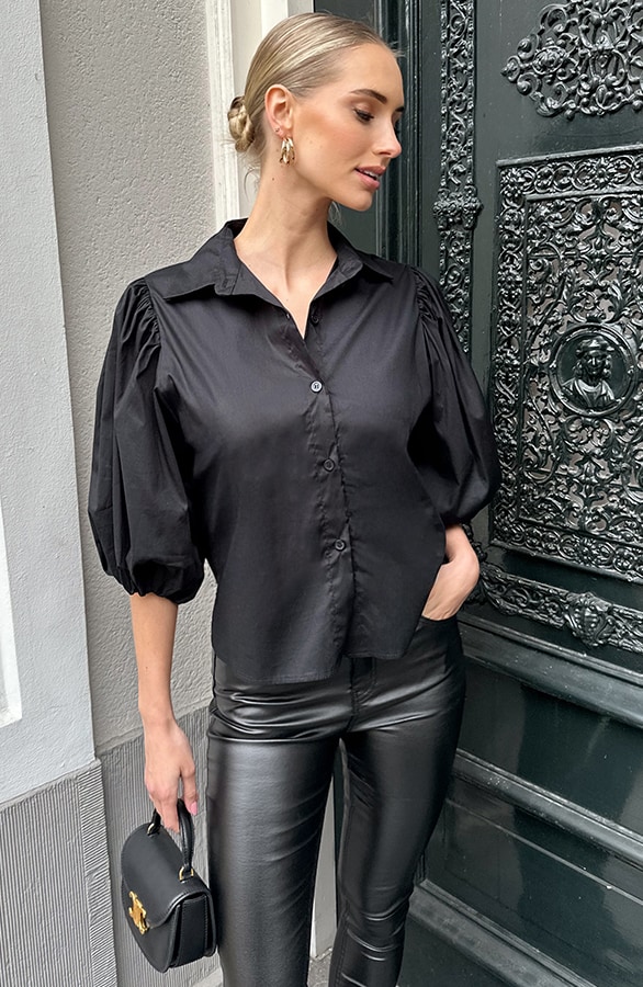 Classic Pofmouwen Blouse Katoen Zwart – blouses, foto 7