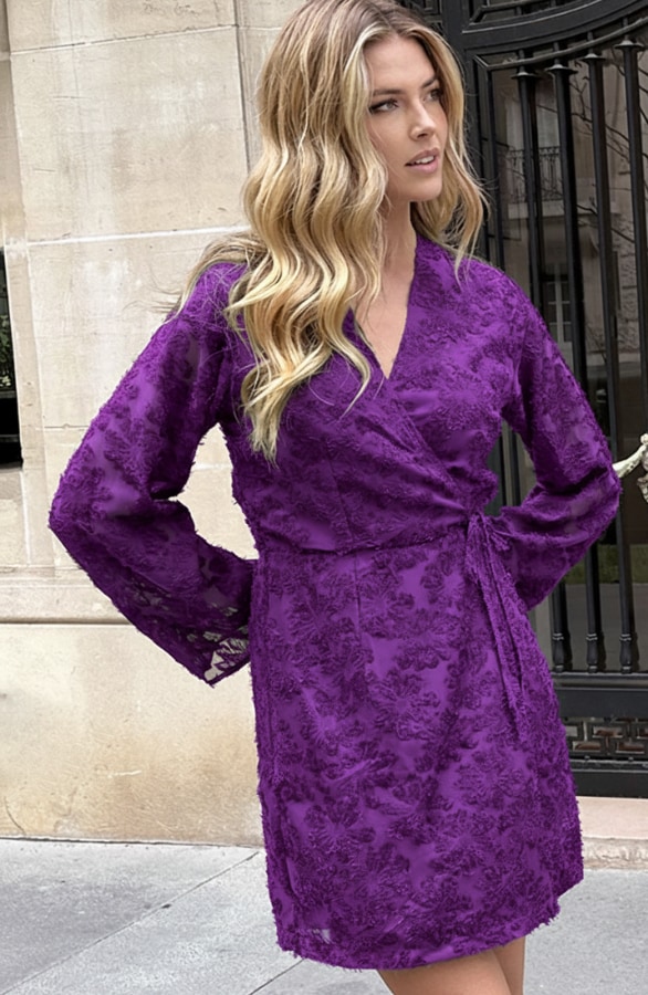 Fringe Wrap Jurk Wijde Mouw Dark Purple – jurken