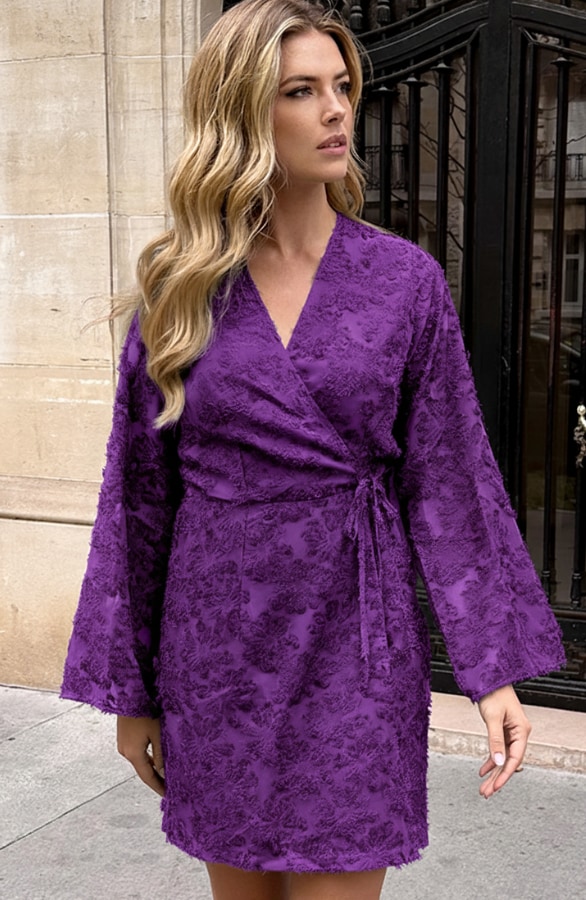Fringe Wrap Jurk Wijde Mouw Dark Purple – jurken, foto 2