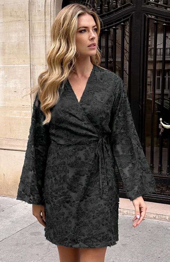 Fringe Wrap Jurk Wijde Mouw Zwart – jurken, foto 6