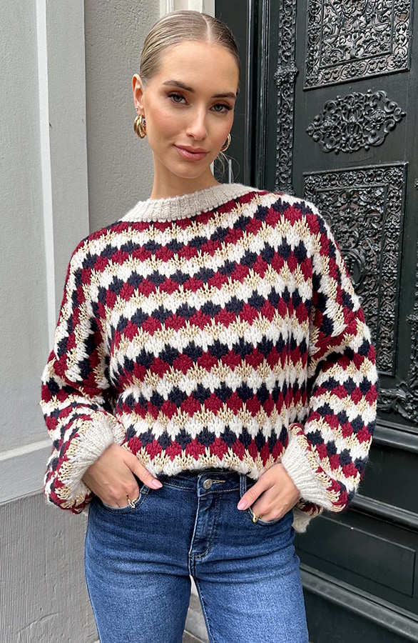 Oversized Lurex Trui Burgundy Beige – truien, foto 3
