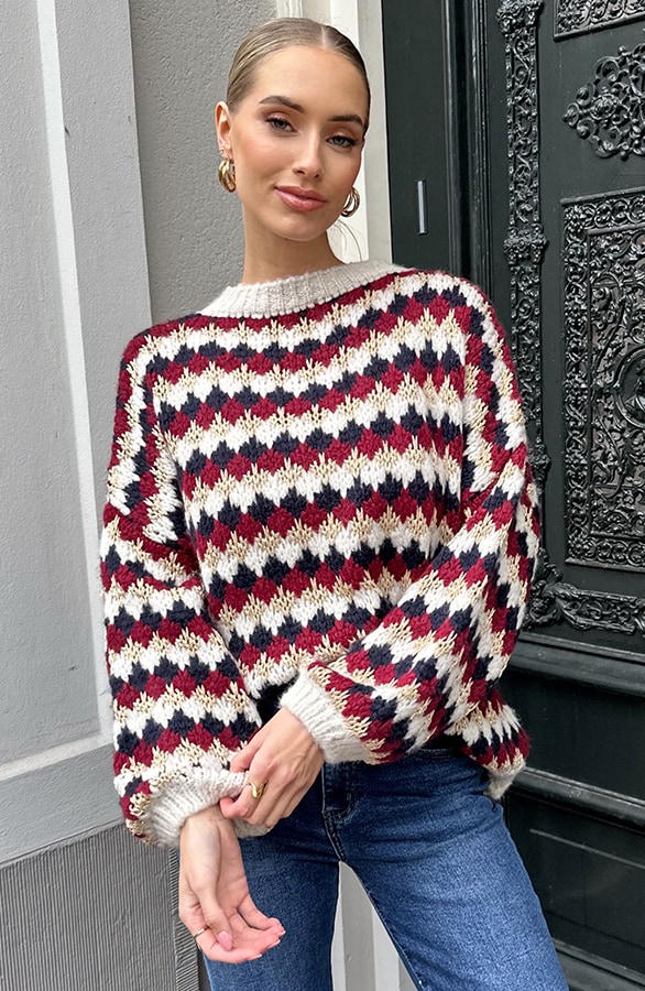 Oversized Lurex Trui Burgundy Beige – truien