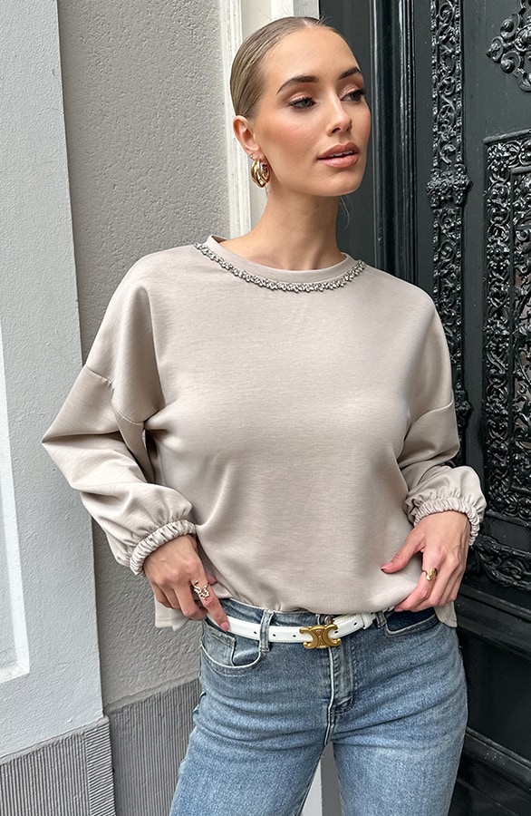 Oversized Strass Sweater Beige – truien, foto 10