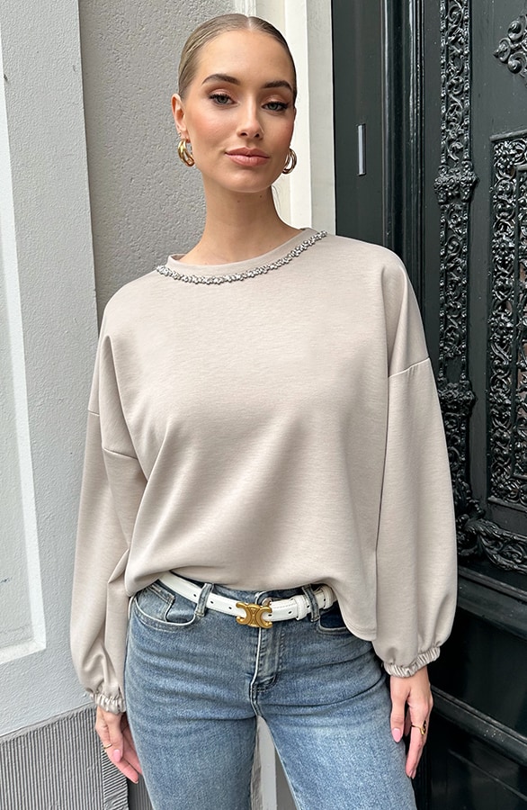 Oversized Strass Sweater Beige – truien, foto 7