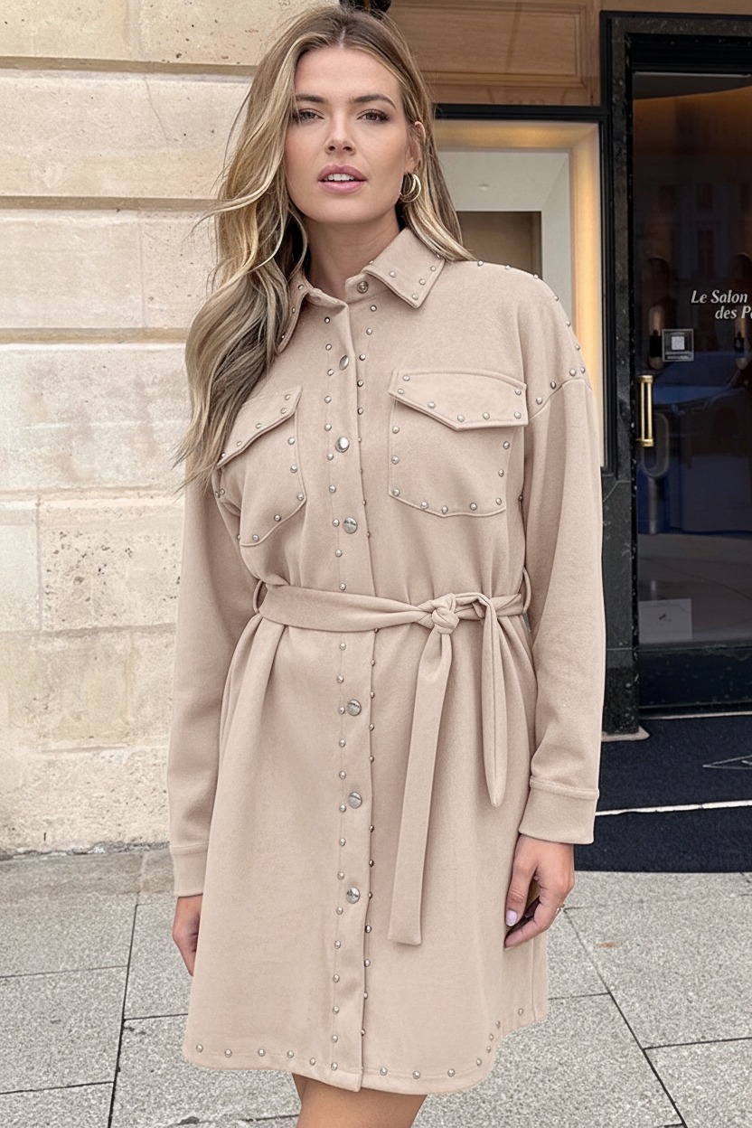 Studs Suede Button Dress Beige – shoparchief, foto 6