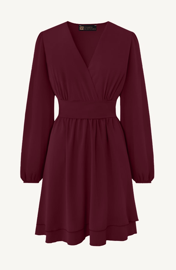 V-hals Jurk Strik Detail Burgundy – jurken, foto 6