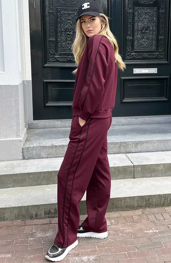 Wide Leg Pantalon Met Bies Burgundy – broeken, foto 3