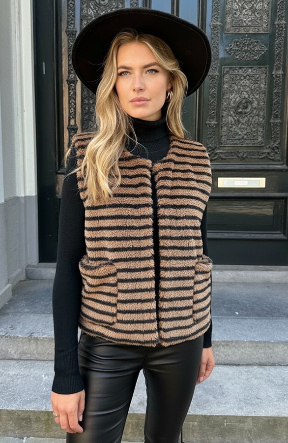 Gilet Pocket Teddy Stripe Zwart Camel – vesten, foto 2