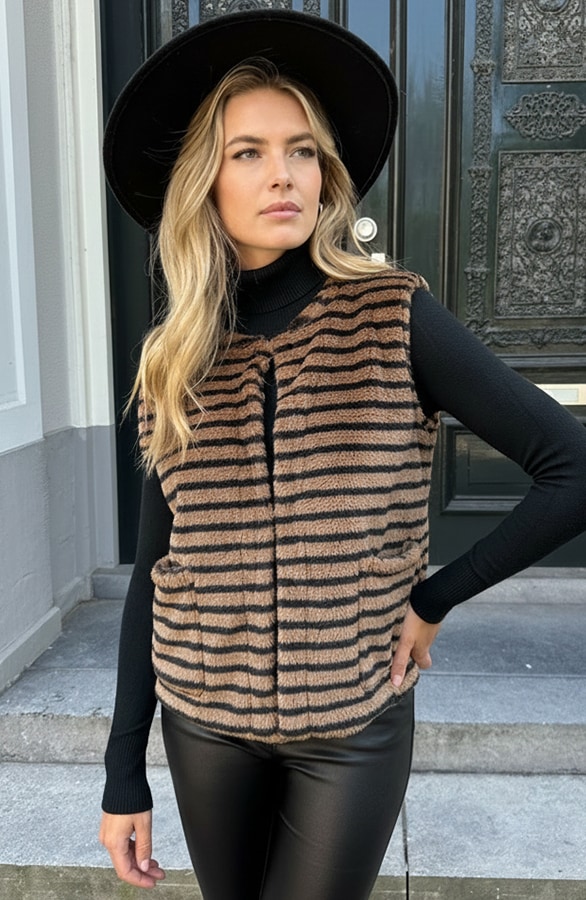 Gilet Pocket Teddy Stripe Zwart Camel – vesten