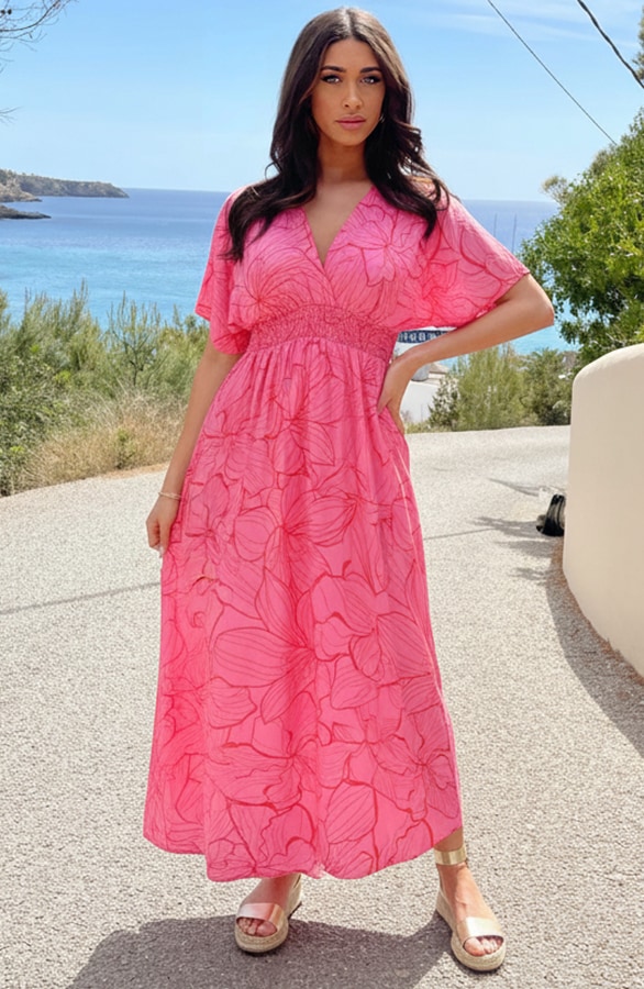 Maxi Dress Colorful Print Fuchsia Red – jurken