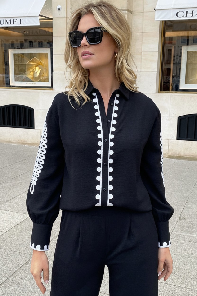 Oversized Embroidery Blouse Zwart – alle kleding, foto 3