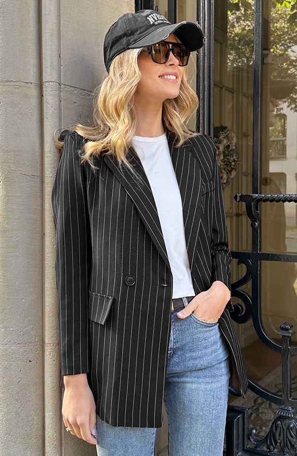 Oversized Striped Print Blazer Zwart – jassen