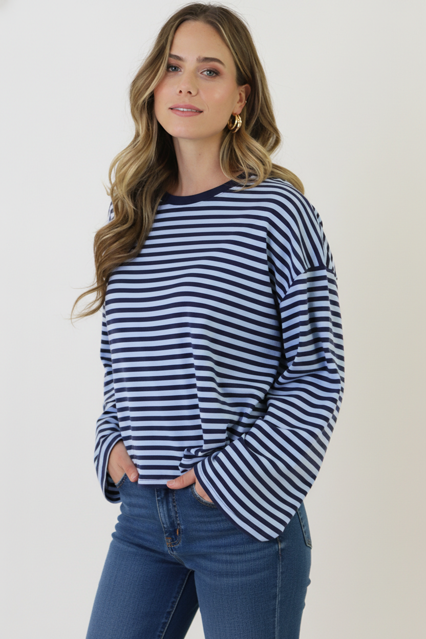 Oversized Streifen Top Baumwolle Marine Baby Blue, Tops, Foto 6