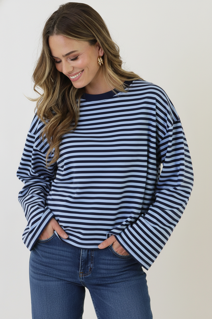 Oversized Streifen Top Baumwolle Marine Baby Blue, Tops, Foto 5