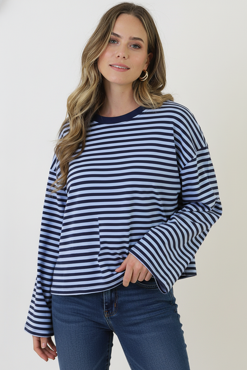 Oversized Streifen Top Baumwolle Marine Baby Blue, Tops, Foto 2