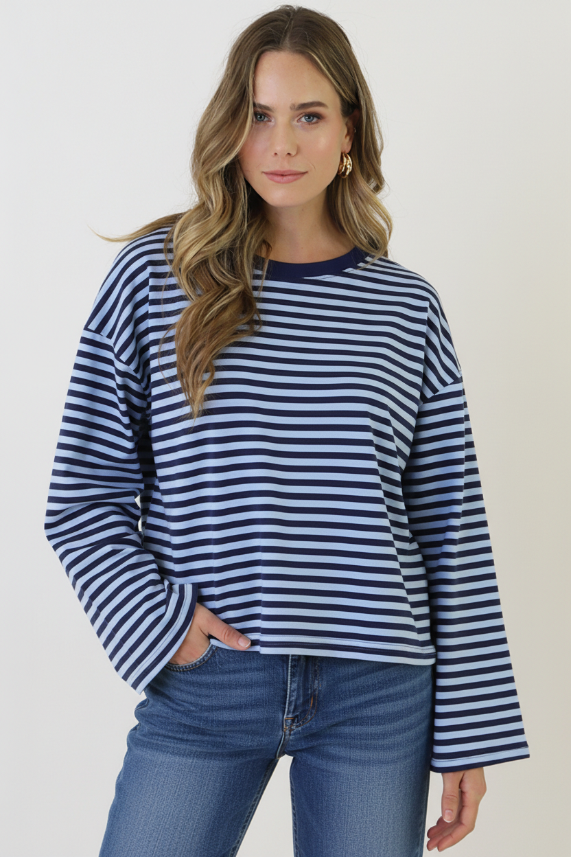 Oversized Streifen Top Baumwolle Marine Baby Blue, Tops