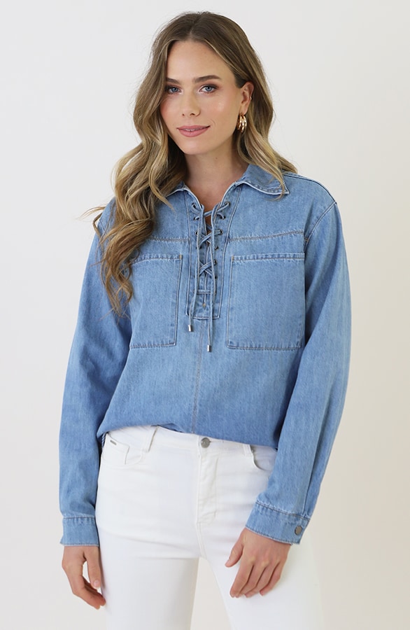 Lace-up Cotton Blouse Blue – blouses, foto 6