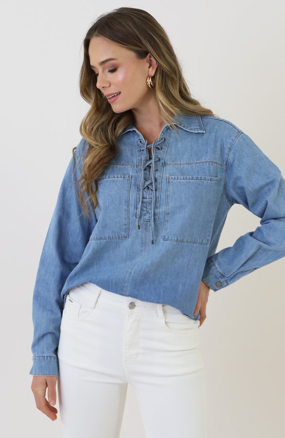 Lace-up Cotton Blouse Blue – blouses, foto 2