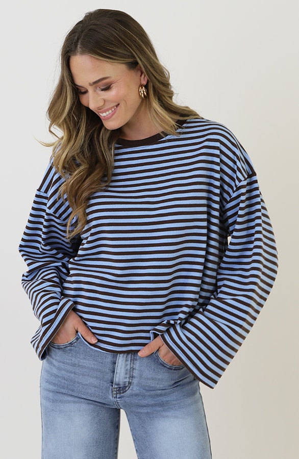 Oversized Streifen Top Baumwolle Choco Baby Blue, Tops